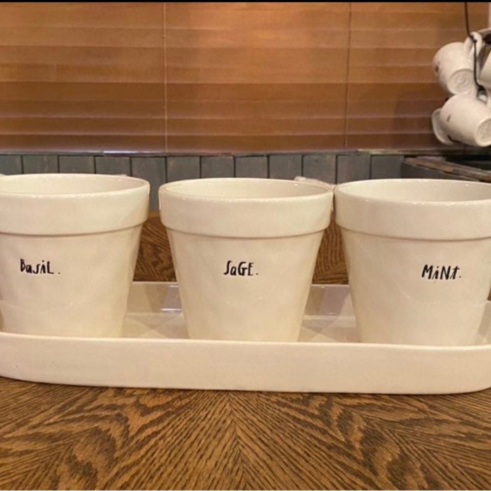 Rae Dunn Magenta Artisan Script plant set, Basil, Sage and Mint 3 pots and Tray